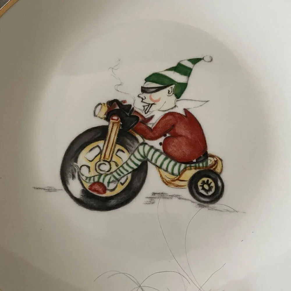 Restoration Hardware Christmas Naughty Elf 6 Salad Plates Boxed RARE Vintage
